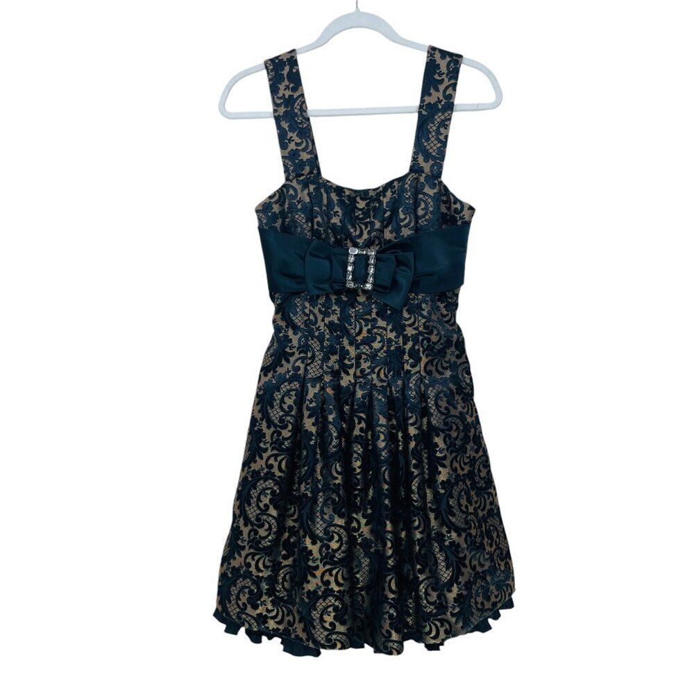 Jessica McClintock 90''s‎ Size 6 Black Lace Over Beige Bow Pleated  A-Line Dress